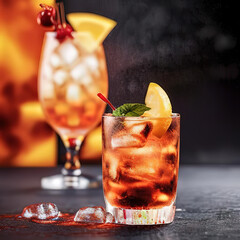 Cocktail close-up, icy drink, blurred background