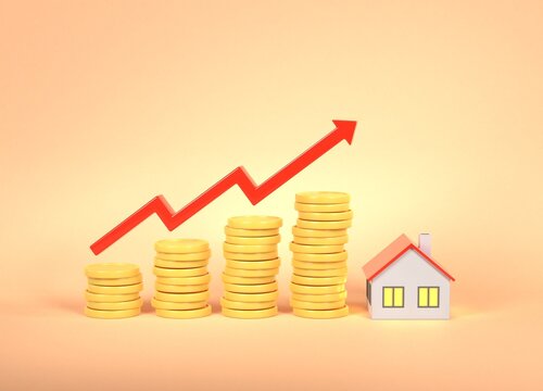 Red up arrow, yellow coins and a house - the concept of increasing the cost of housing or increasing the cost of mortgages. Rising real estate price chart. 3D rendering