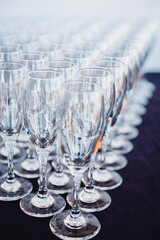 champagne glasses on the table for restaurant service