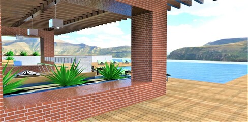 Peaceful environment in a corner of paradise next to a cozy patio near the pool on the roof of a luxury hotel, located high in the mountains. 3d rendering.