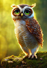 Cute owl with big eyes on a light green background.
