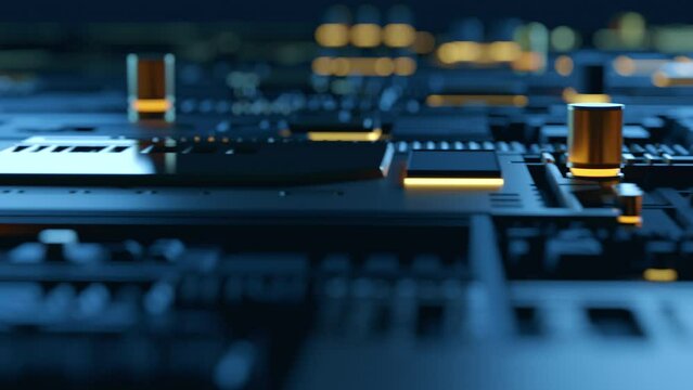 High tech integrated circuit board with processor close up. Electronic CPU chip component on printed pcb. Concept of computer hardware and digital computing of big data. Futuristic Sci-fi background