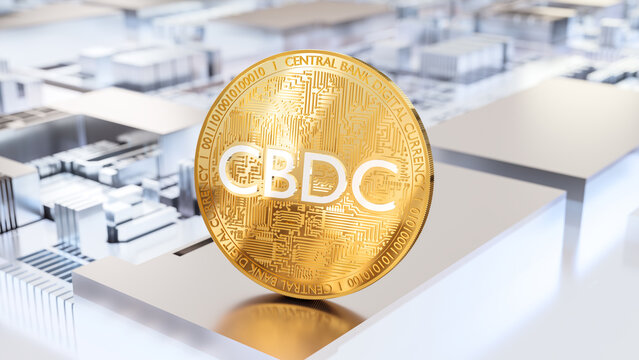 cbdc cryptocurrency, central banks gold coin on motherboard, token 3d rendering