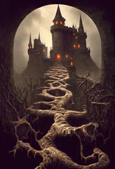 Gothic castle with a bridge made of crooked roots from a horror story.