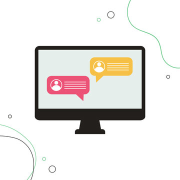 Chat messages on computer online illustration, flat cartoon workspace or working desk laptop pc with chatting bubble notifications, concept of people messaging on internet image