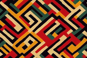Seamless african pattern. Ethnic and tribal motifs. Orange, red, yellow, blue and black colors. Grunge texture. Vintage print for textiles. Bohemian hand drawn ornament. 2d illustration illustration.