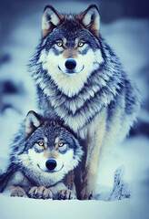 Two cute wolves sit side by side in winter