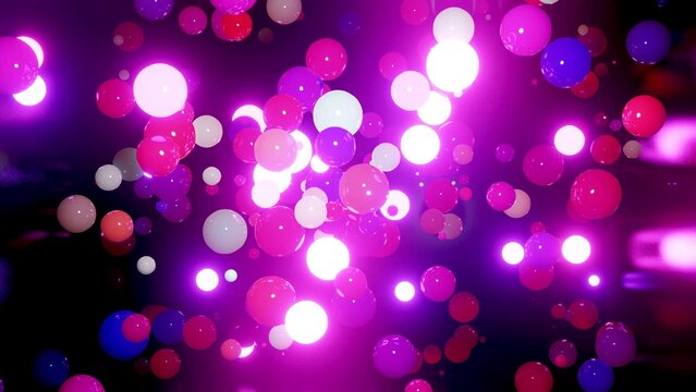 3d render. Abstract bg of colorful balls in air, which randomly light up and reflect in each other. Multicolored spheres in air as simple geometric dark background with light effects. In chrome room