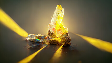 A large yellow crystal with traced fine details refracts light, which lies in narrow stripes.