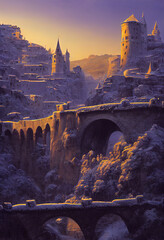 Wintry medieval castle with a city in the rays of the rising sun