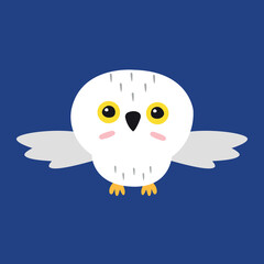 Vector flat cartoon polar flying owl isolated on blue background