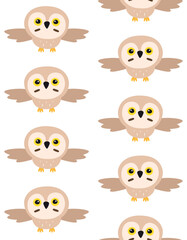 Vector seamless pattern of flat cartoon flying owl isolated on white background