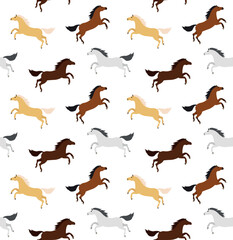 Vector seamless pattern of different color flat horse isolated on white background