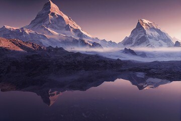 3D illustration of Matterhorn Peak of Switzerland at sunset reflected in the water with snow-covered mountains at winter.