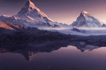 Rolgordijnen 3D illustration of Matterhorn Peak of Switzerland at sunset reflected in the water with snow-covered mountains at winter. © bennymarty