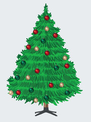 Vector Christmas tree isolated on white background. Beautiful shining Christmas tree with decorations - balls, garlands, bulbs, tinsel and a golden star at the top. Realistic style. Eps 10
