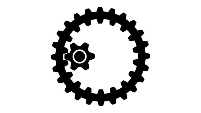 Animated video of black pinion gear and ring gear on white and green background. Clockwise and counterclockwise rotation