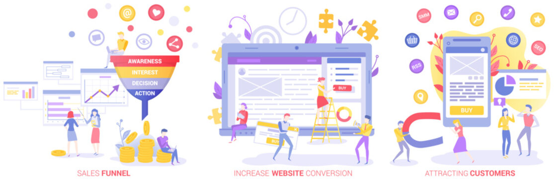 Increase conversion of website, attracting customers concept. Sales funnel with client behavior analysis. People work with seo optimization. Workers developing web page, analysing market, advertising