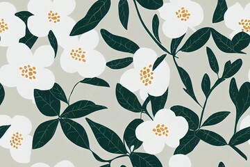 Floral seamless pattern, white Semi double Camellia flowers with leaves on bright grey