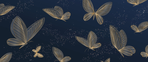 Donkerblauwe luxe kunstachtergrond met vlinders in gouden lijnstijl. Abstract vectorbanner voor behangontwerp, decor, druk, patroon.