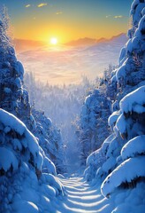 Winter snowy landscape at sunset, with snow-covered pine trees in mountain location with snow in winter. 3D illustration. vertical view