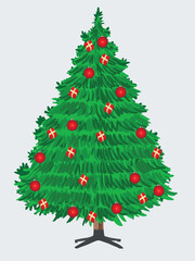 Vector Christmas tree isolated on white background. Beautiful shining Christmas tree with decorations - balls, garlands, bulbs, tinsel and a golden star at the top. Realistic style. Eps 10