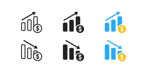 Cost increase icon set. Growing bar graph. Finance crisis concept. Coin, arrow, infographic, bar, money signs. Investment growth. Rising and falling prices symbol. Flat design.