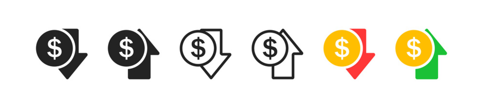 Money increase icon set. Flat design. Financial benefit concept. Losing money. Symbol of cost rising.
