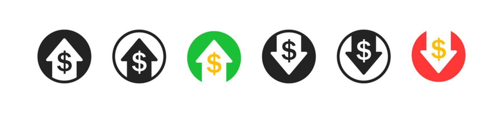 Finance growth icon set. Flat design. Success concept. Coin signs. Losing money. Business profit symbol.