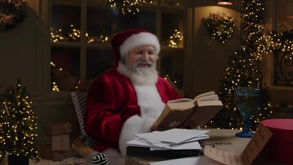 Santa Claus is sitting in backyard, enjoying cozy winter evening, reading storybook, getting ready to Christmas, slow motion. - Powered by Adobe