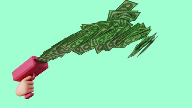 looped animation of 3d icon, cartoon hand holds red money gun throwing dollar banknotes, automatic spender concept, isolated on mint green background