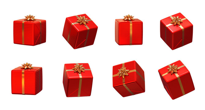 cadeaux de Noël rouges sur fond blanc, différents angles de vue - rendu 3D