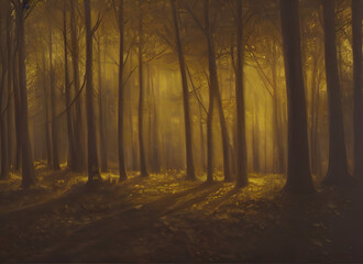 Obraz premium Woodland Nature Fog Tree Road Forest Green Foliage Summer Fall Sun Park Landscape Woods Foggy Light Path Misty Spring Trees Morning Sunlight Sunrise Mist Autumn