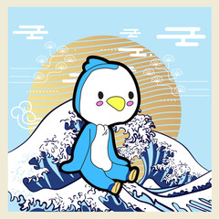 penguin illustration with japanese style for kaijune event, notebook, logo