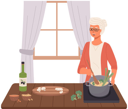 Proper nutrition, healthy lifestyle and vegetarianism concept. Elderly woman preparing soup with mushrooms and vegetables. Old lady mixing ingredients for dish. Retired person cooking at home