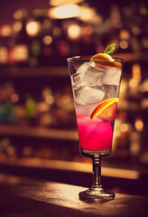 Delicious red pink whiskey cocktail with ice and fruit located on the bar background with bottles
