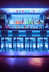 Bar interior with neon color, bar interior with bottles Focusing on the bar top