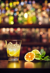 Delicious yellow cocktail with ice and fruit located on the bar background with bottles