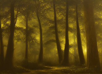 Obraz premium Landscape Woods Green Sunlight Spring Park Fall Woodland Foggy Fog Morning Road Trees Foliage Path Misty Sunrise Nature Tree Forest Sun Autumn Mist Summer Light
