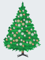 Vector Christmas tree isolated on white background. Beautiful shining Christmas tree with decorations - balls, garlands, bulbs, tinsel and a golden star at the top. Realistic style. Eps 10