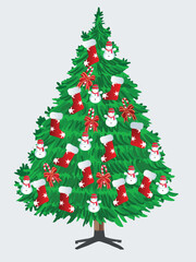 Vector Christmas tree isolated on white background. Beautiful shining Christmas tree with decorations - balls, garlands, bulbs, tinsel and a golden star at the top. Realistic style. Eps 10