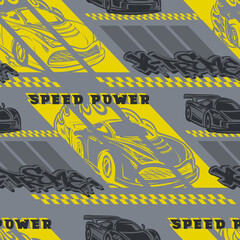 Abstract seamless sport car pattern. Endless auto print for sport textile, fashion clothes, wrapping paper. Yellow and grey automobiles repeated ornament. Race chequered board. Text Speed power