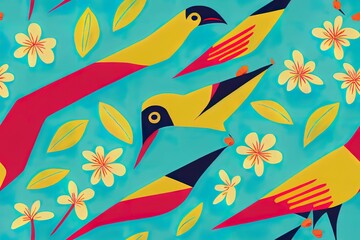 Fototapeta na wymiar Seamless pattern with tropical birds and jaguar