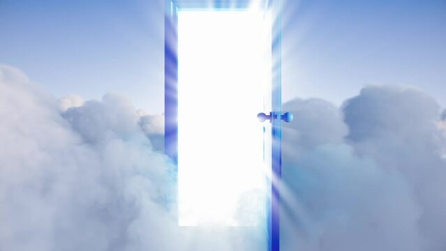 3d animation, blue door opens among the clouds in the sky. Way to eternity, religious heaven paradise metaphor, afterlife concept