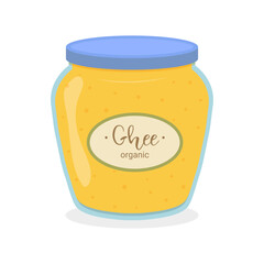 Ghee butter in a glass jar on a white background. Keto diet. Vector illustration.