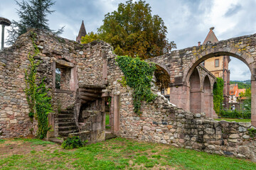 A spiral staircase can be seen in the ruins of the 17th century Abbey of Saint Gregory in the village of Munster, France, in the Alsace region.