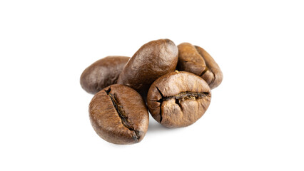 Coffee beans pattern. Black espresso coffee bean flying on white. Aromatic grain fall isolated. Represent breakfast for energy and freshness concept