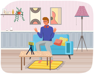 Phone on tripod. People broadcasting, stream on smartphone. Live streaming. Video blog recording, male blogger using mobile and tripod stand. Illustration of making videos for social media publishing