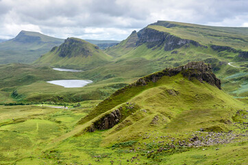 Quraing mountains and lakes landscape,summer season,the Isle of Skye,Highlands of Scotland,UK.