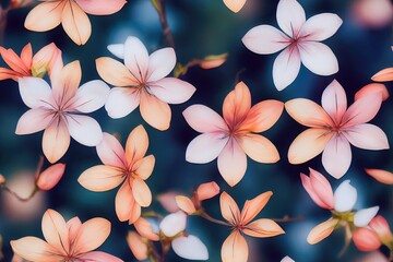Obraz premium Trendy abstract floral seamless pattern. Defocused bright garden blossom flowers with large buds. Blurred summer botanical ornament for fashion design, textile and fabric.